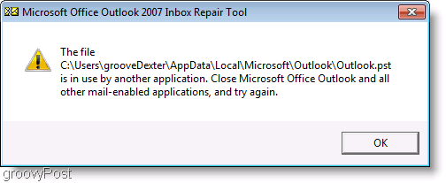 Näyttökuva - Outlook 2007 ScanPST -korjausviestiikkuna