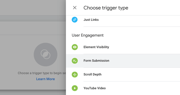 Käytä laukaisintyyppiä Google Tag Managerissa käyttämällä Google Tag Manageria Facebookin kanssa, vaihe 19, valikkovaihtoehdot
