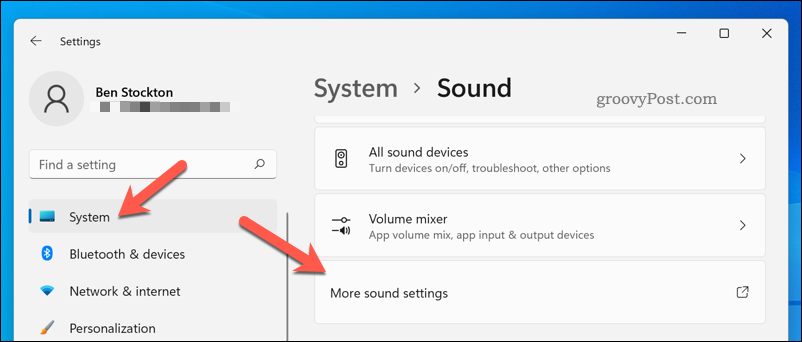 Lisää ääniasetuksia -valikon avaaminen Windows 11:ssä