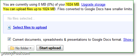 google docs uusi lähettää mitä tahansa raja on 1024 MB tai 1 Gt