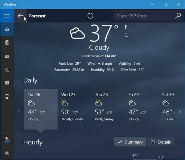 Windows 10 Weather App -ennuste