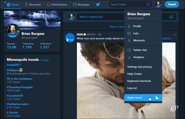 'Yötilan' ottaminen käyttöön Twitter Desktop Web -sovelluksessa