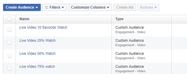 Määritä uudelleen kohdistettava yleisö Facebook Ads Managerissa Yleisötyökalulla Facebook Live -videoiden näkymien perusteella.