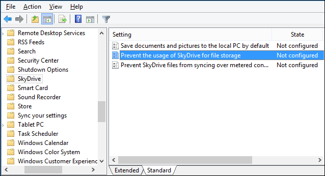 SkyDrive / OneDrive -sovelluksen piilottaminen tai poistaminen käytöstä Windows 8.1: ssä