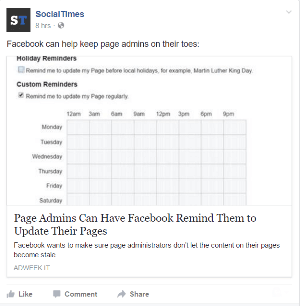 Facebook lisää mahdollisuuden asettaa muistutuksia sivun järjestelmänvalvojille.