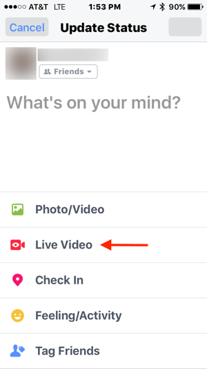 Napauta Facebook-tilapäivityksessäsi Live Video.