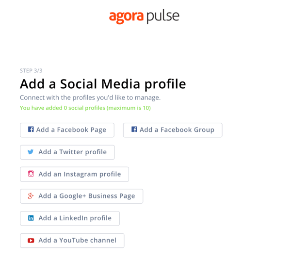 Kuinka käyttää Agorapulsea sosiaalisen median kuunteluun, lisää vaihe 1 lisätä sosiaalista profiilia.