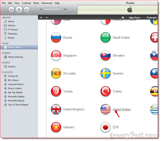 iTunes - Napsauta Yhdysvaltojen lippu