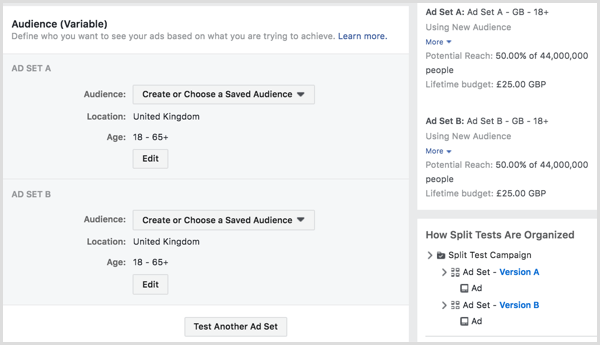 Jaa testi Facebook-mainostesi suorittamiseksi kahdelle tai useammalle yleisölle.