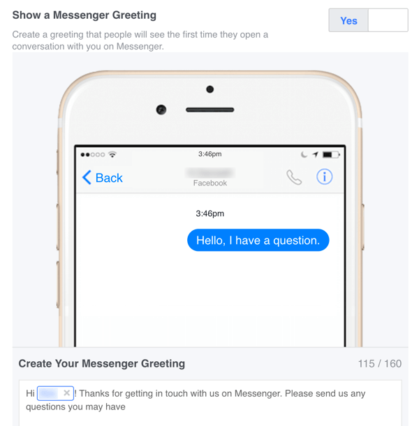 Voit määrittää mukautetun tervetuloviestin Facebook Messengerille asetuksista.