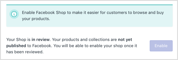 Shopify näyttää verkkoviestin, että Facebook-kauppaasi tarkistetaan.