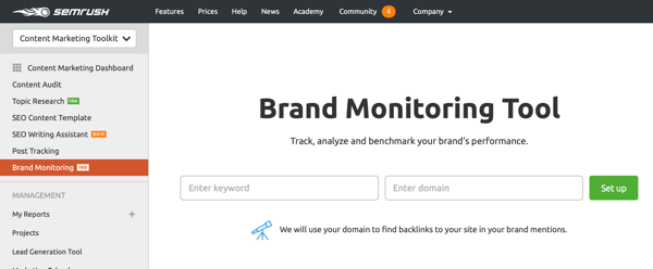 Esimerkki SEMrushin Brand Monitoring -työkalusta.
