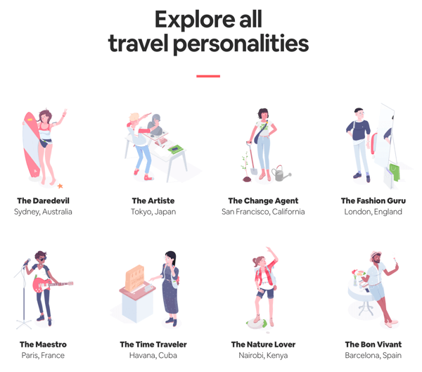 Esimerkki kaikkien tulosten sivusta ja tuloksista, joita käyttäjä voi tutkia Airbnb: n Travel Matcher -kyselystä.