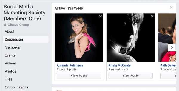 Facebook korostaa, mitkä ryhmän jäsenet ovat olleet aktiivisimmat tällä viikolla ryhmässä.