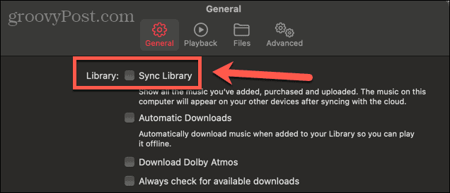 Apple Music Sync -valintaruutu mac