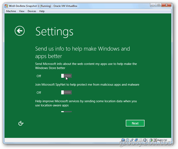 VirtualBox Windows 8: n tietosuojatiedot Microsoft