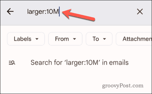 Sähköpostin kokoehtojen määrittäminen mobiililaitteen Gmail-hakupalkissa
