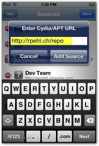 Kirjoita Cydia APT URL