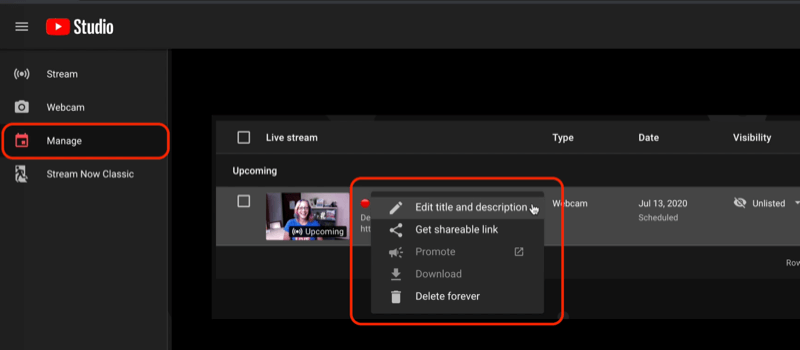 youtube studio mene live-valikkoon Hallinta-valikossa, jossa näkyvät ajoitetut suoratoistot ja vaihtoehdot videoasetusten muokkaamiseen tai jaettavan linkin saamiseksi