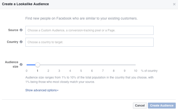 Näet nämä vaihtoehdot, kun luot Facebook-näköisen yleisön.