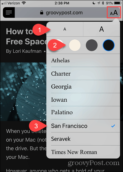 Vaihda fontti ja väri Safarin Reader View -sovelluksessa iOS: lle