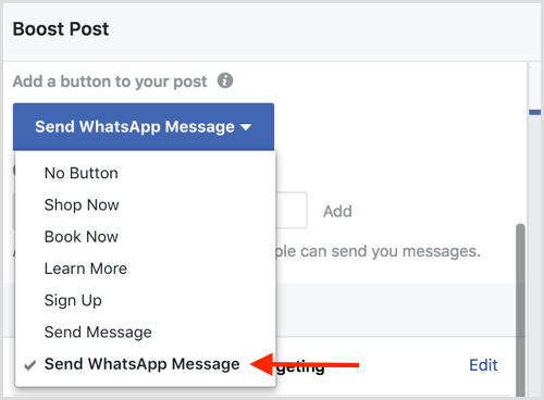 Valitse Lähetä WhatsApp-viesti -vaihtoehto, kun lisäät Facebook-viestiä.