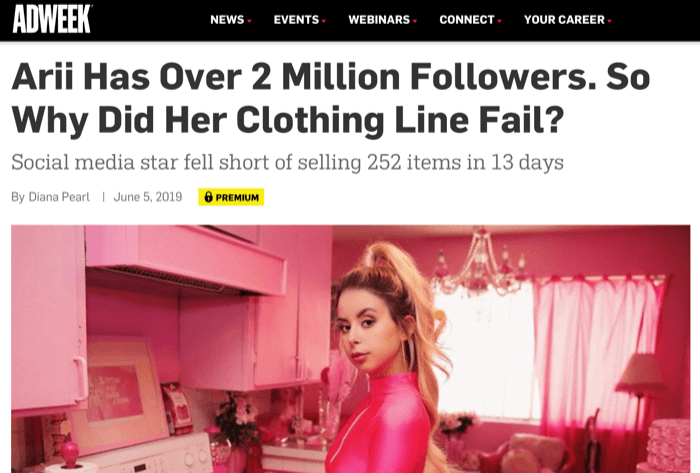 Instagram-vaikuttaja Arri, jolla oli 2 miljoonaa seuraajaa, epäonnistui myymällä vaatteita