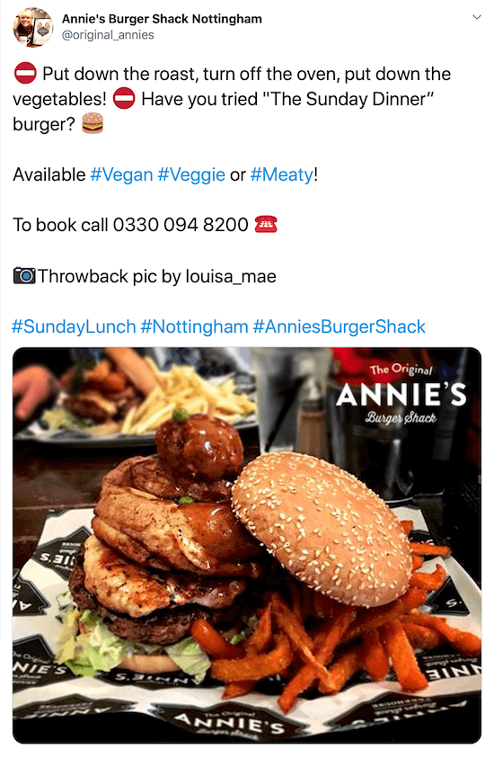 kuvakaappaus Twitter-julkaisusta, jonka on kirjoittanut @original_annies ja jossa on kuva hampurilaisesta ja bataattiperunoista tarttuvalla kuvauksella, heidän puhelinnumeronsa, kuvahyvityksensä ja hashtagit