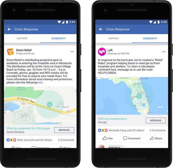 Facebook ilmoitti, että organisaatiot ja yritykset voivat nyt julkaista yhteisön apua ja tarjota kriittisiä tietoja ja palveluja ihmisille kriisitilanteessa tarvitsemaansa apua.