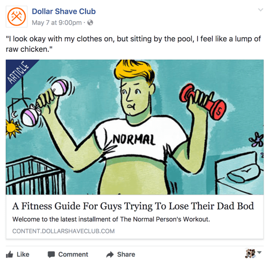Dollar Shave Club jakaa asiaankuuluvaa ja älykästä sisältöä Facebook-liiketoimintasivulla.