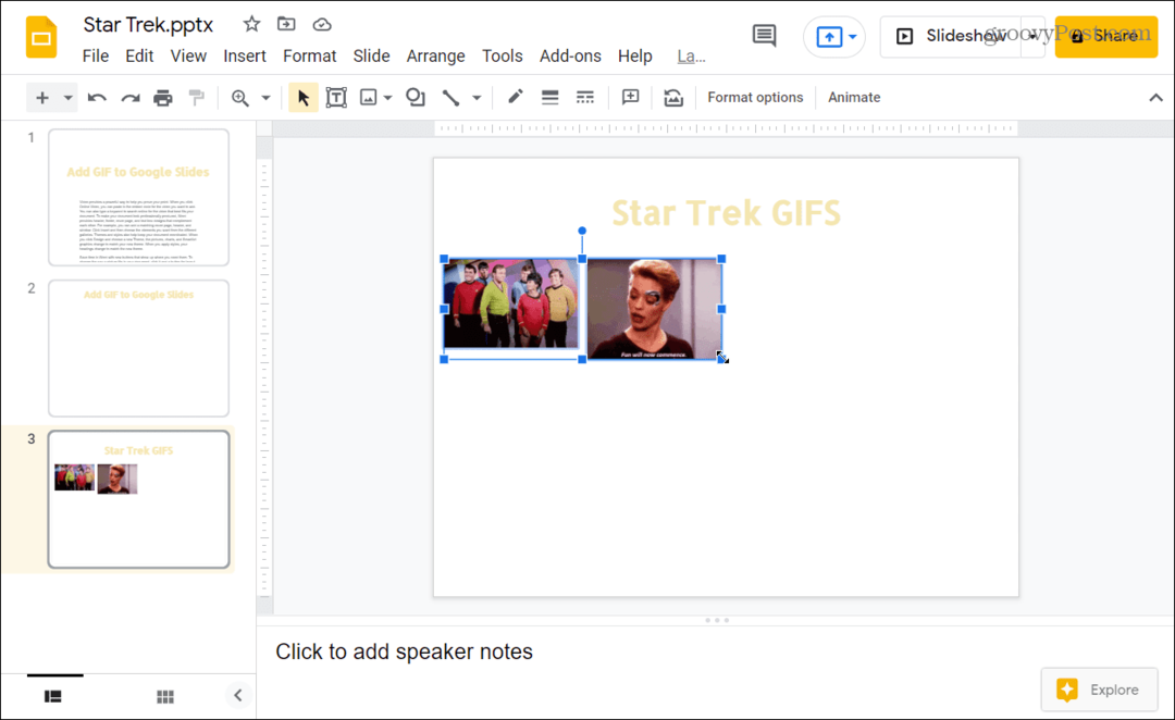 GIFS lisätty Google Slides -esitykseen