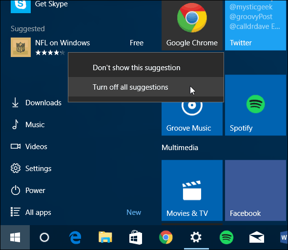 Windows 10 Käynnistä-valikko Poista ehdotetut sovellukset käytöstä