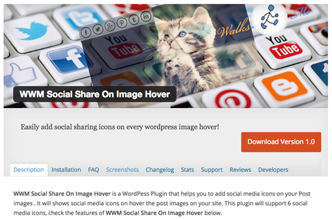 wwm social share on image hover -laajennuksen kuvakaappaus