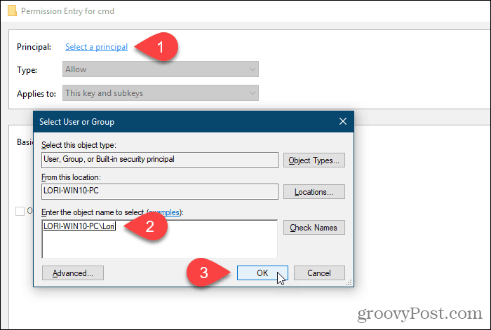 Napsauta Valitse pääkäyttäjä ja valitse käyttäjä tai ryhmä oikeuksia varten Windows-rekisterissä
