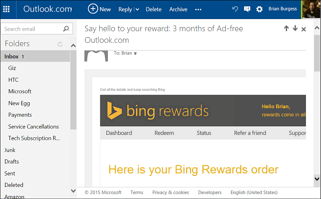 mainokseton näkymä Bing Rewards