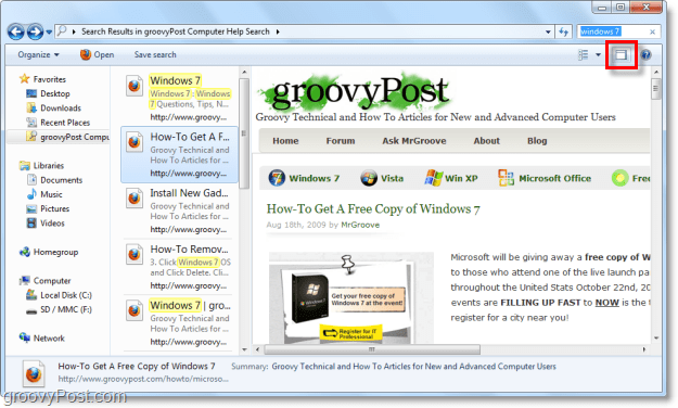Käytä Windows 7 -esikatseluruutua, kun haluat tarkastella verkkosivustoja explorer-ikkunan hakuliittimen kautta