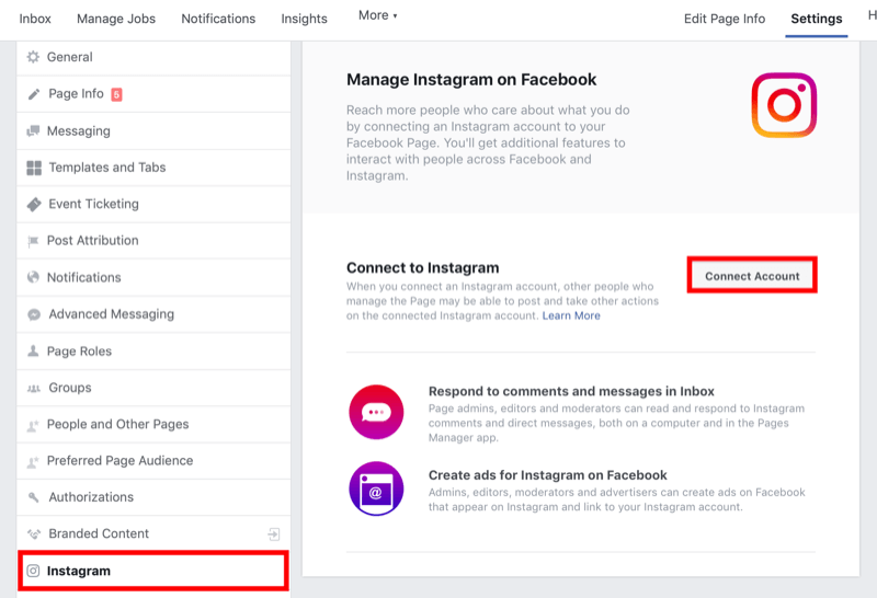 kuinka yhdistää Facebook-sivu Instagram-yritystiliin Facebook-sivun asetuksissa