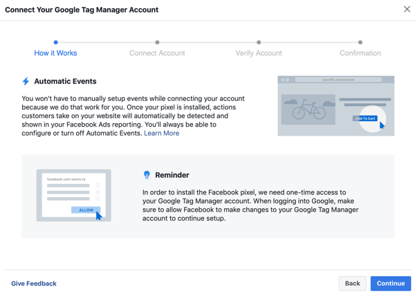 Käytä Google Tag Manageria Facebookin kanssa, vaihe 6, jatka-painike, kun yhdistät Google Tag Managerin Facebook-tiliisi