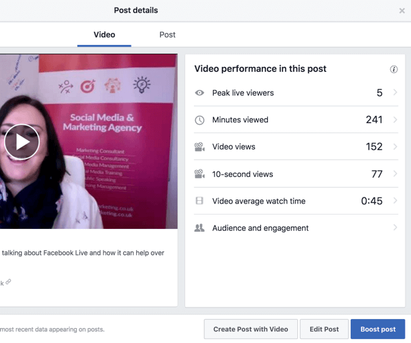 Valitse video Facebook-videokirjastostasi nähdäksesi suorituskykymittarit.