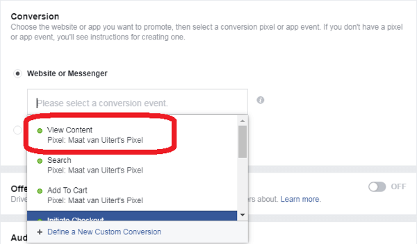 Jos valitsit Konversiot Facebook Messenger -mainostavoitteeksi, valitse konversiotapahtuma.