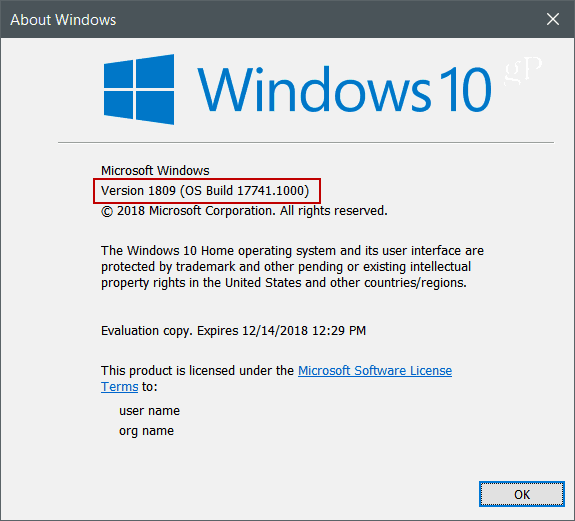 Winver Windows 10 -versio 1809