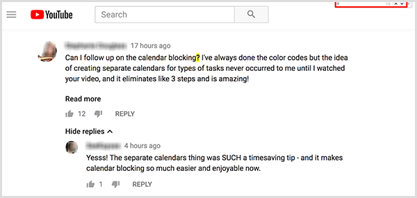 Amy Landino käyttää Etsi-komentoa etsimään kysymysmerkkejä YouTube-videokommenteistaan. Etsi-ruutu näkyy selainikkunan oikeassa yläkulmassa. Kun olet löytänyt kysymysmerkin, merkki korostetaan keltaisella videon verkkosivulla.