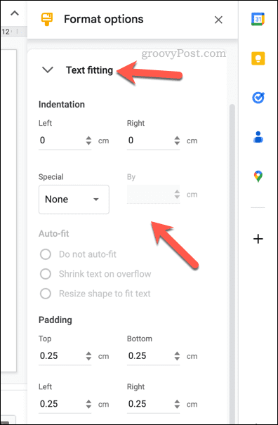 Google Slides -taulukon tekstin sovitusasetusten muuttaminen