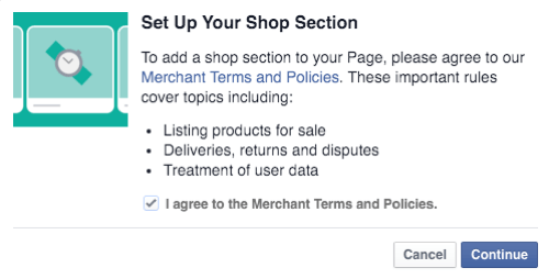 hyväksy facebook shop -kauppiaiden ehdot ja käytännöt ja jatka