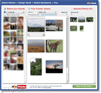 HotPrints antaa sinun valita omien lataamiesi valokuvien tai Facebookin ystävien valokuvien joukosta