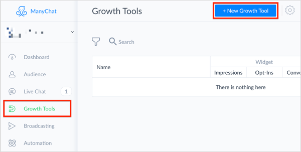 Valitse ManyChatissa vasemmalla olevat Kasvutyökalut ja napsauta oikeassa yläkulmassa olevaa + Uusi kasvutyökalu -painiketta.