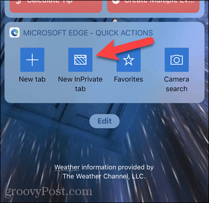 Napauta Uusi InPrivate-välilehti Edge-widgetissä iOS: lla