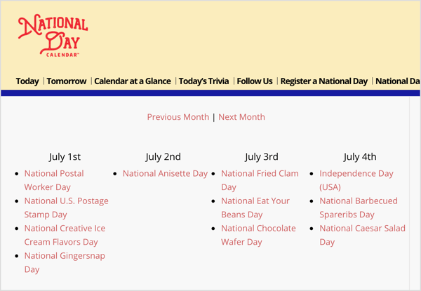 Kansallispäiväkalenteri on resurssi satunnaisille kapealle lomalle, joka vastaa markkinointitavoitteitasi.