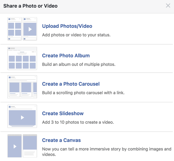 Kun luot Facebook-postia tehostettavaksi, älä aina yhdellä kuvalla; kokeile myös muita mediavaihtoehtoja.