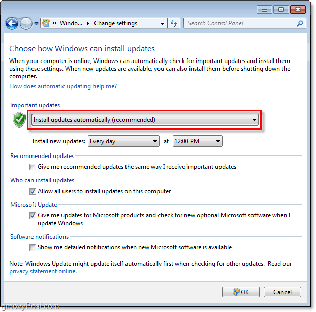 Windows 7 - Windows Update -määritysvalikon näyttökuva